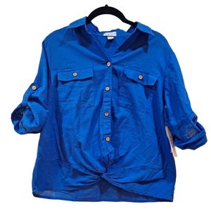DASH Blue Button Down Knot Front Top 3/4 Sleeves Women's Size Small NEW